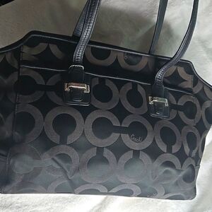 Coach Taylor Op Art Black Signature Satin And Leather Shoulder Tote  Bag EUC